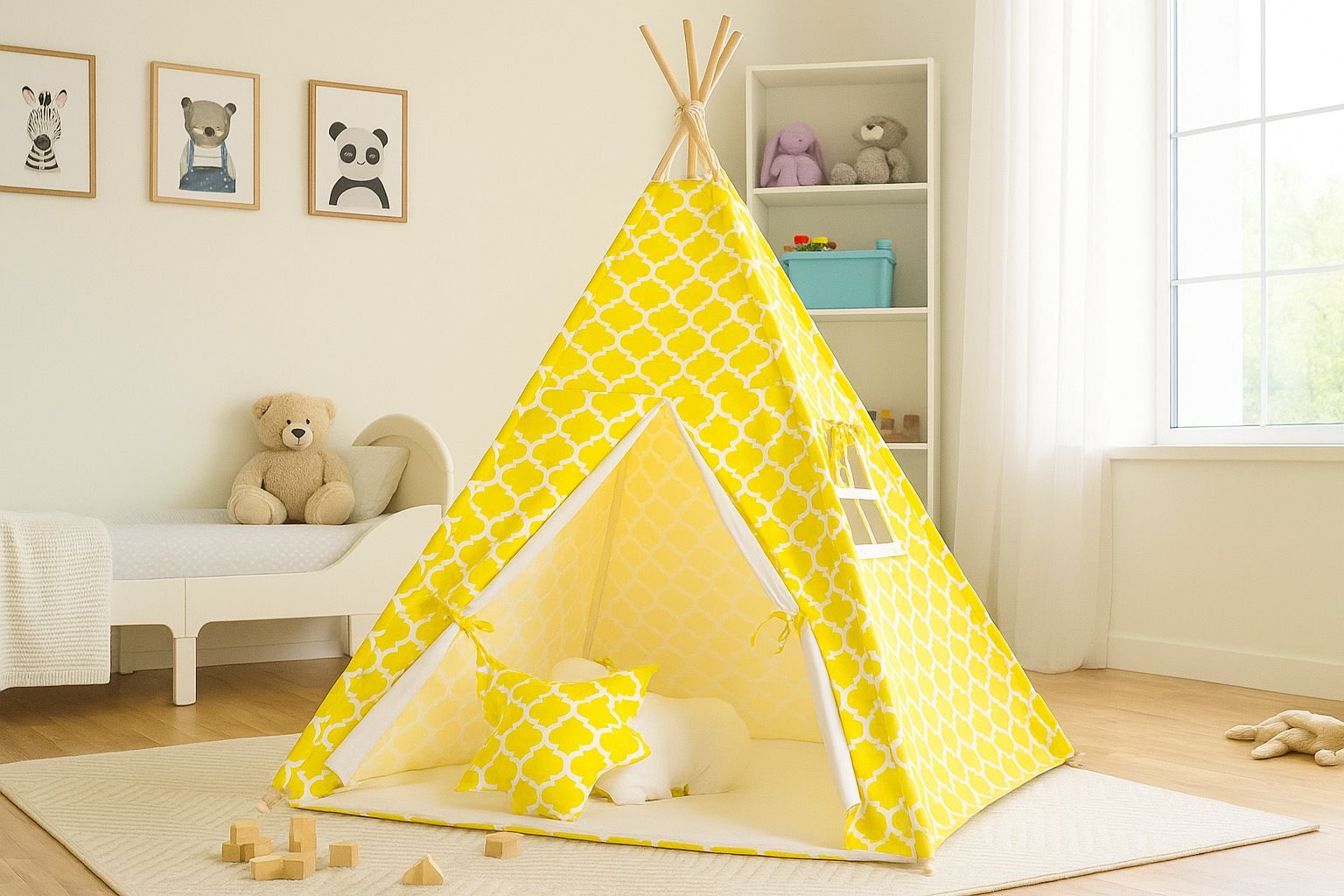 Namiot TIPI dla dzieci + mata + poduszki + zawieszki pióra - Maroko żółte