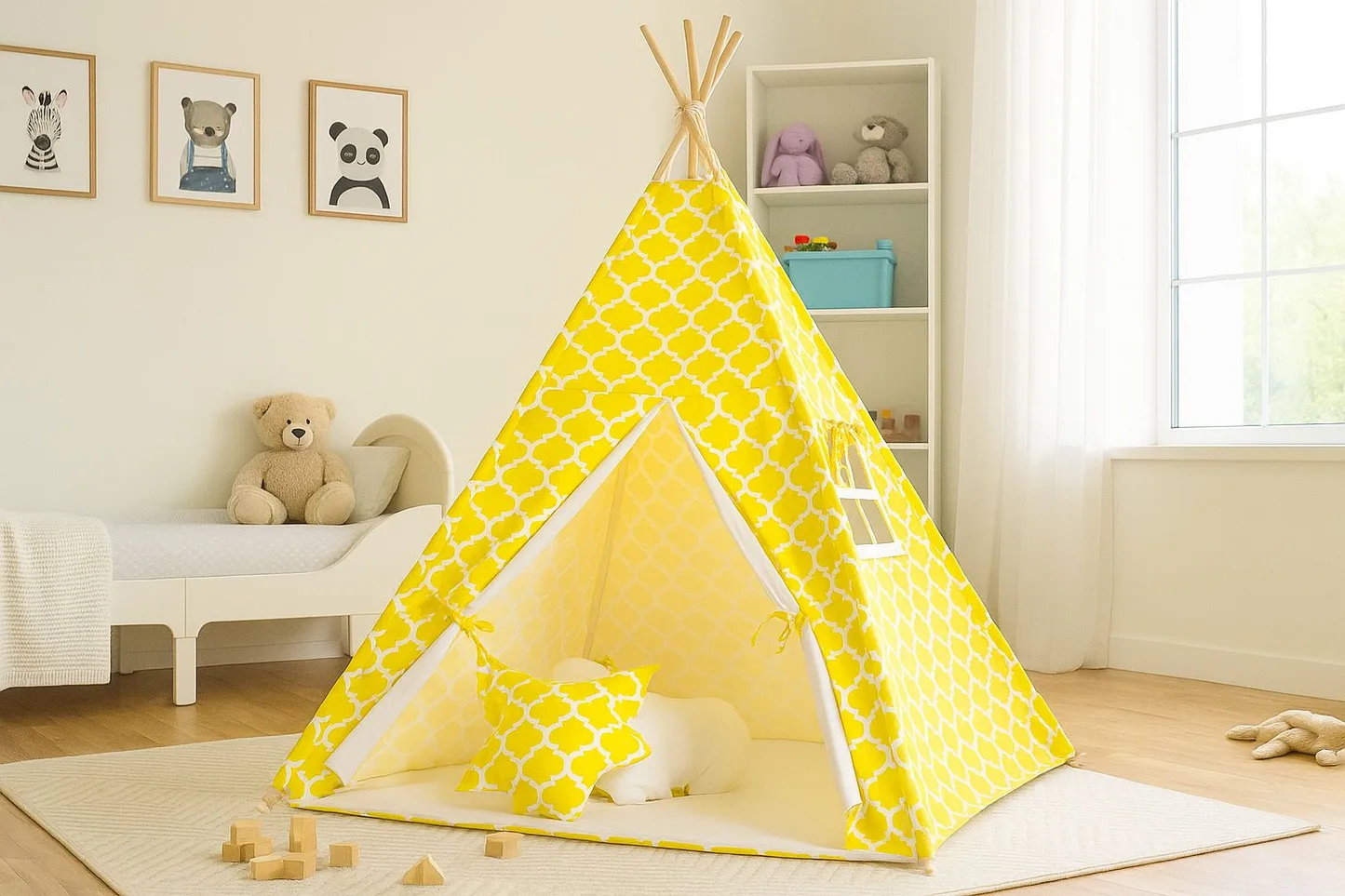 Namiot TIPI dla dzieci + mata + poduszki + zawieszki pióra - Maroko żółte