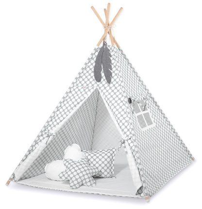 Namiot Tipi dla dzieci + zawieszki pióra - Białe grochy na turkusie