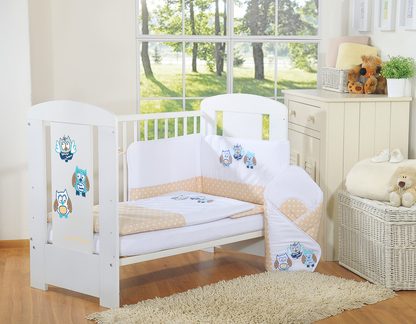 Komplet pościeli dla dzieci 135x100cm z ochraniaczem 3-cz Sówki szare z haftem szaro-różowym