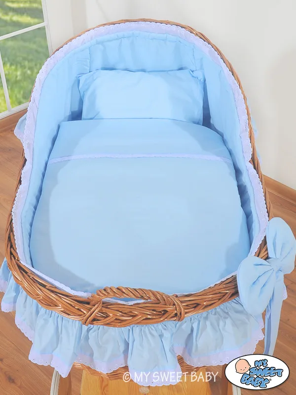 Wiklinowy kosz Mojżesza z budką wiklinową Carina - naturalny + niebieska pościel