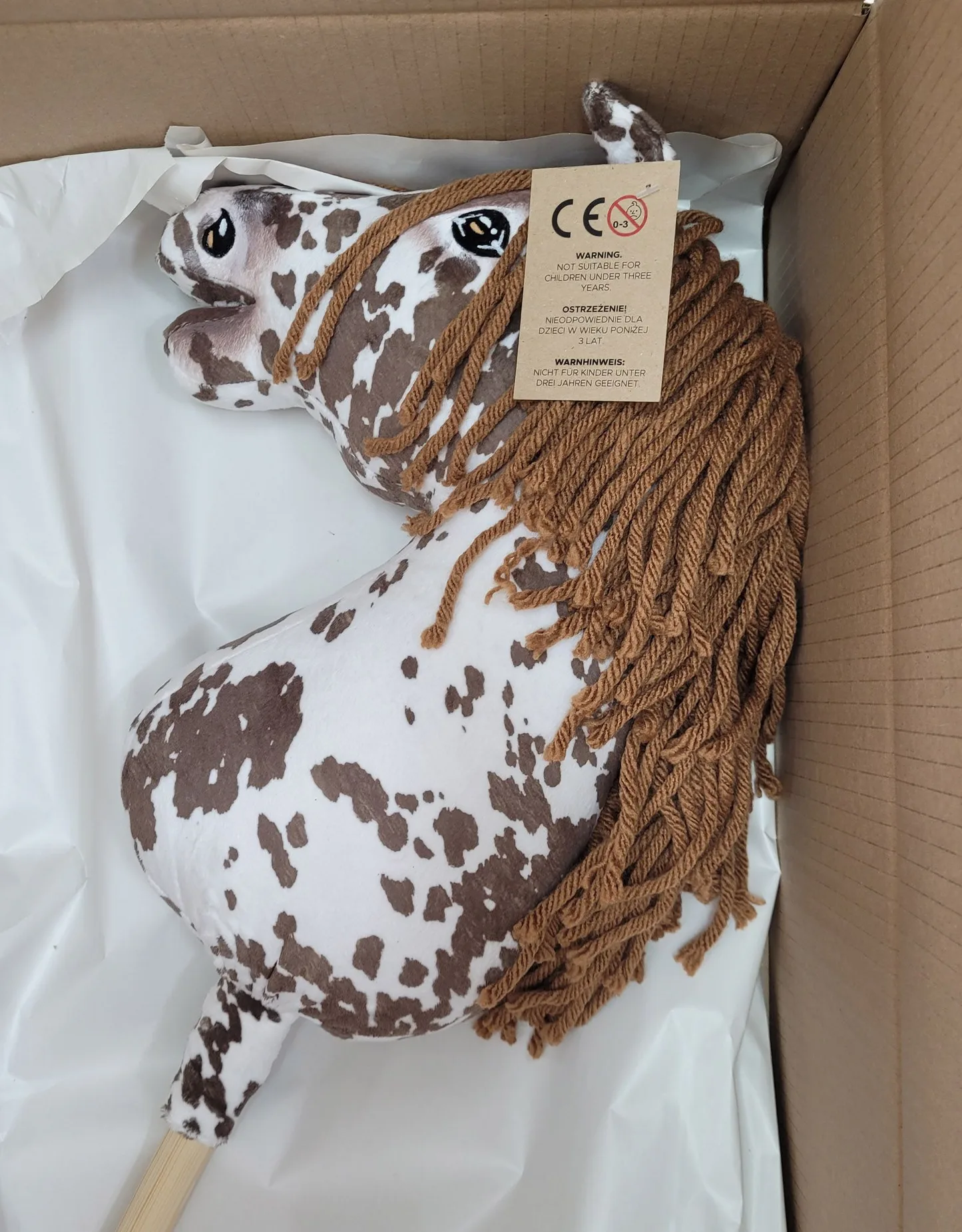 Hobby Horse Duży koń na kiju Premium - tarantowaty biało-brązowy z brązową grzywą A3