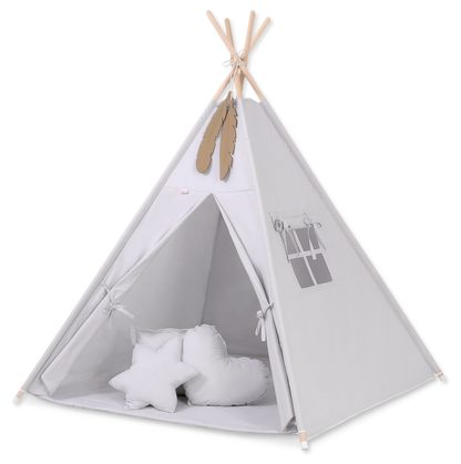 Namiot TIPI dla dzieci + mata + poduszki + zawieszki pióra - Chevron szary