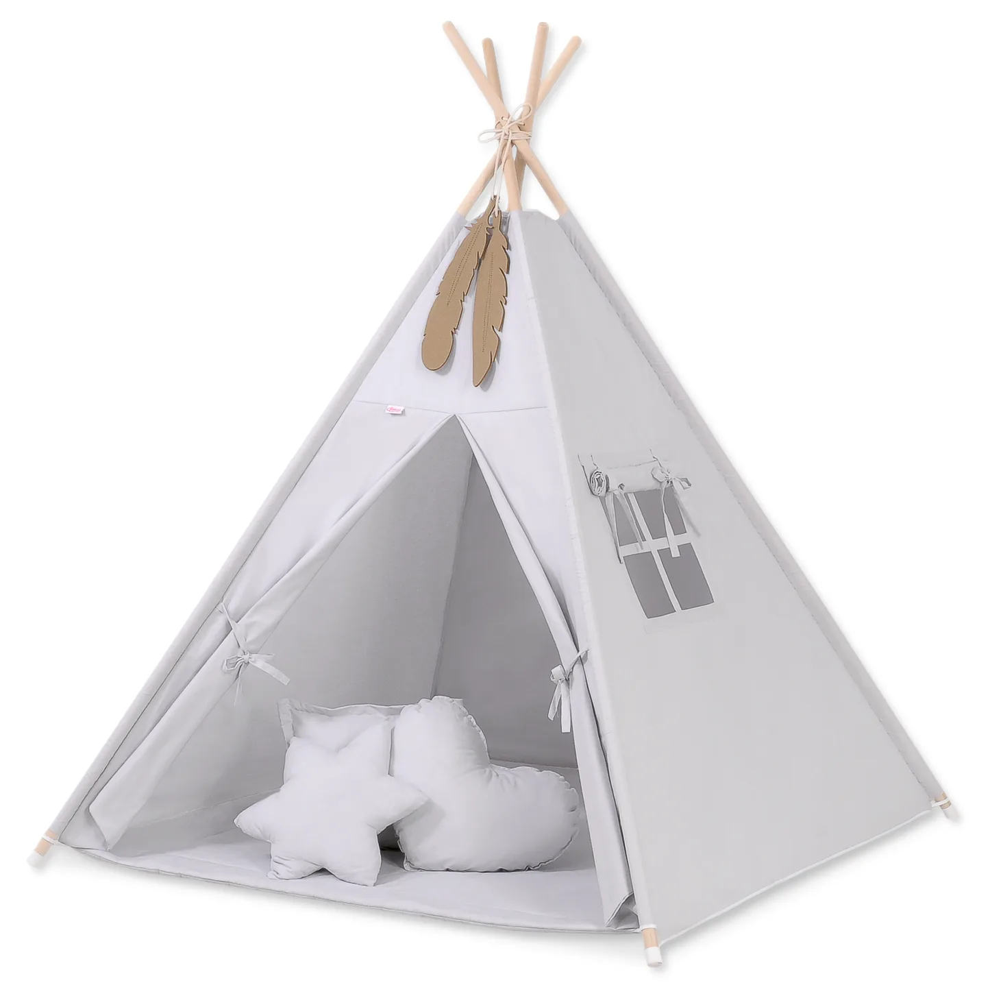 Namiot TIPI dla dzieci + mata + poduszki + zawieszki pióra - Chevron szary