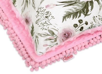 Komplet: Dwustronny kocyk bawełna z minky i poduszka - peonie różowe