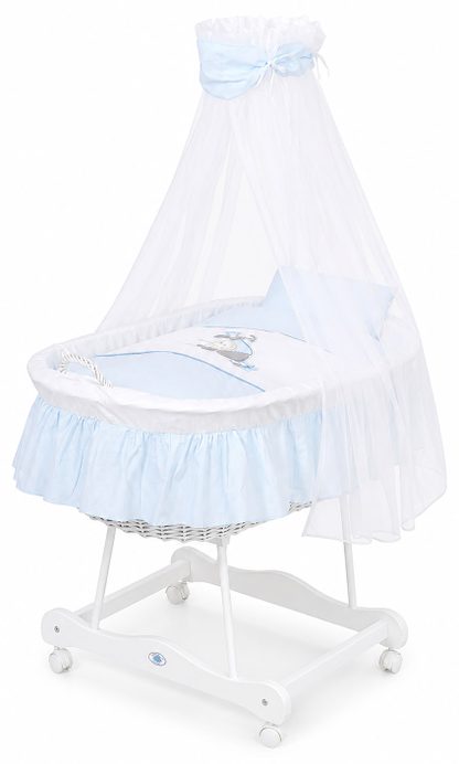 Wiklinowy kosz Mojżesza z baldachimem Miś z kokardką - biały + kremowa pościel