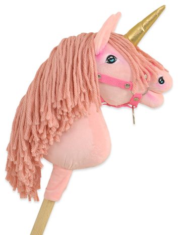 Hobby Horse Jednorożec na kiju różowy z różową grzywą i złotym rogiem A4