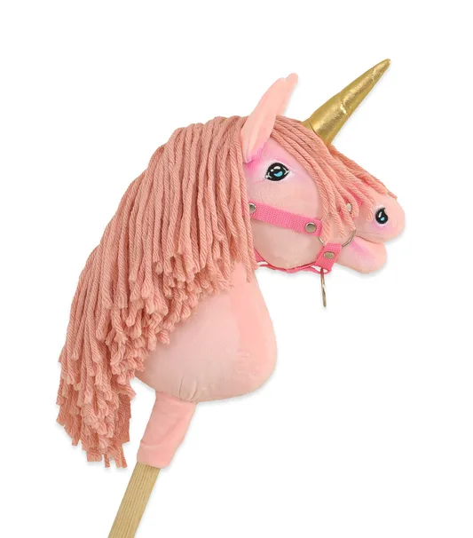 Hobby Horse Jednorożec na kiju różowy z różową grzywą i złotym rogiem A4