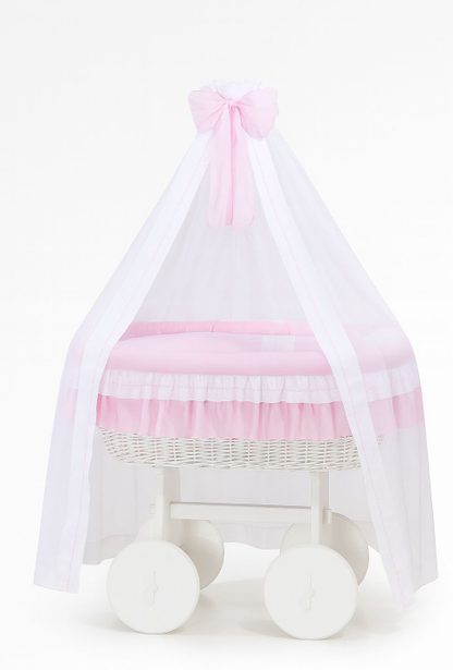 Wiklinowy kosz Mojżesza z baldachimem Deluxe Amelia - biały + różowa pościel