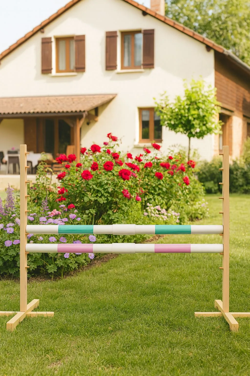 Przeszkoda skokowa do Hobby Horse 160cm, h-120 cm, dwie belki - miętowa i jasny róż