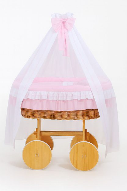 Wiklinowy kosz Mojżesza z baldachimem Deluxe Amelia - naturalny + różowa pościel