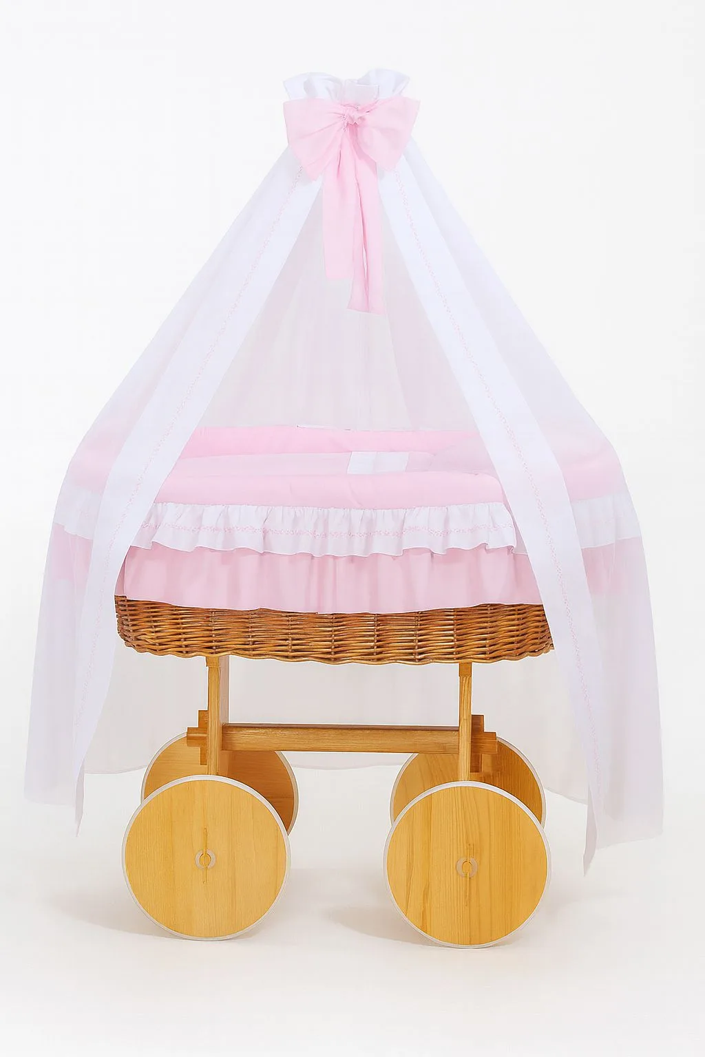 Wiklinowy kosz Mojżesza z baldachimem Deluxe Amelia - naturalny + różowa pościel