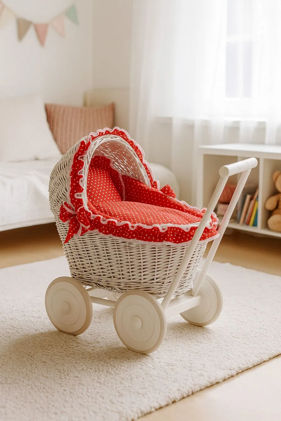 Wiklinowy wózek dla lalek pchacz biały z czerwoną pościelką i miękką wyściółką CHIARA