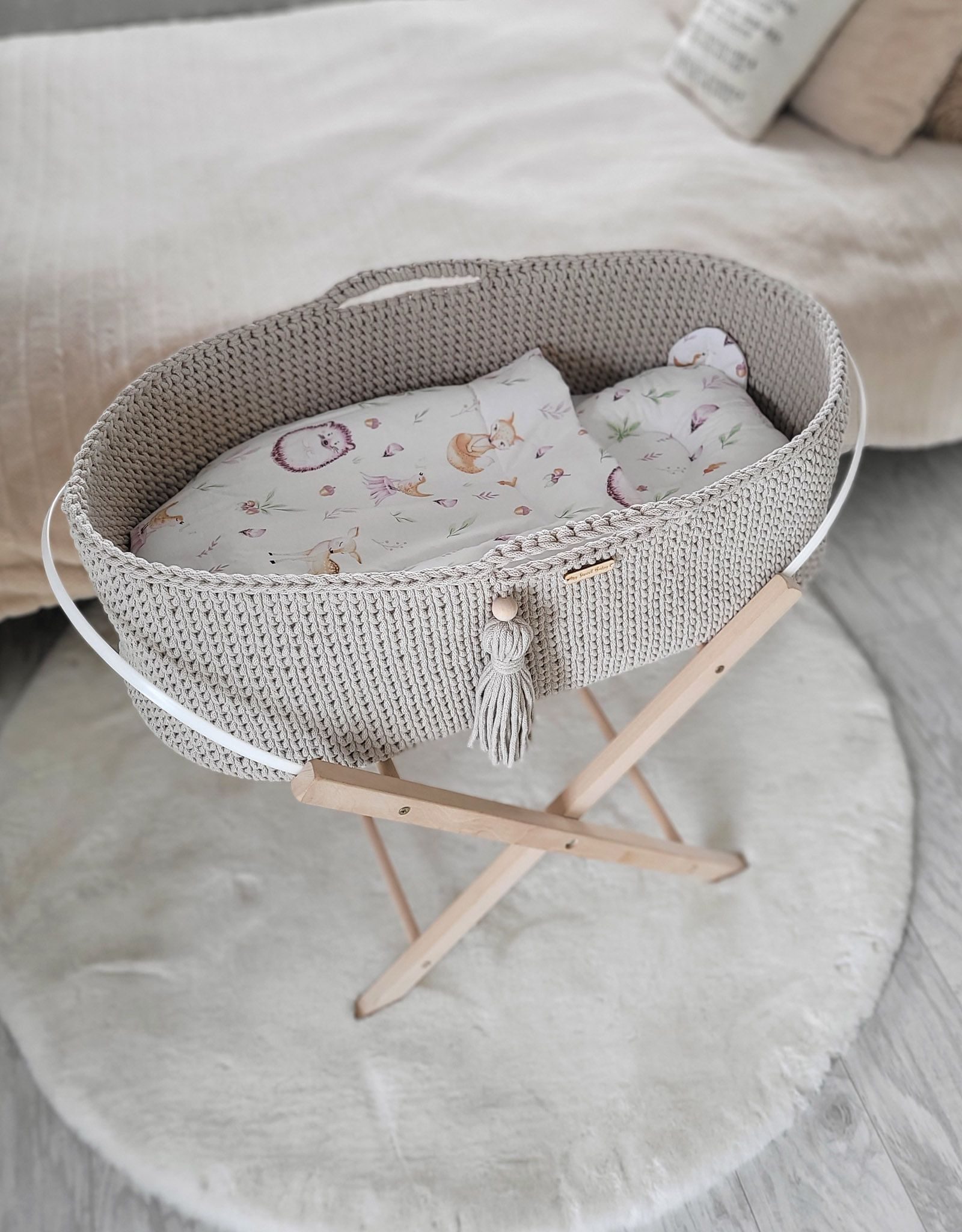 Kosz Mojżesza BOHO bawełniany Handmade z materacykiem - jasny beżowy